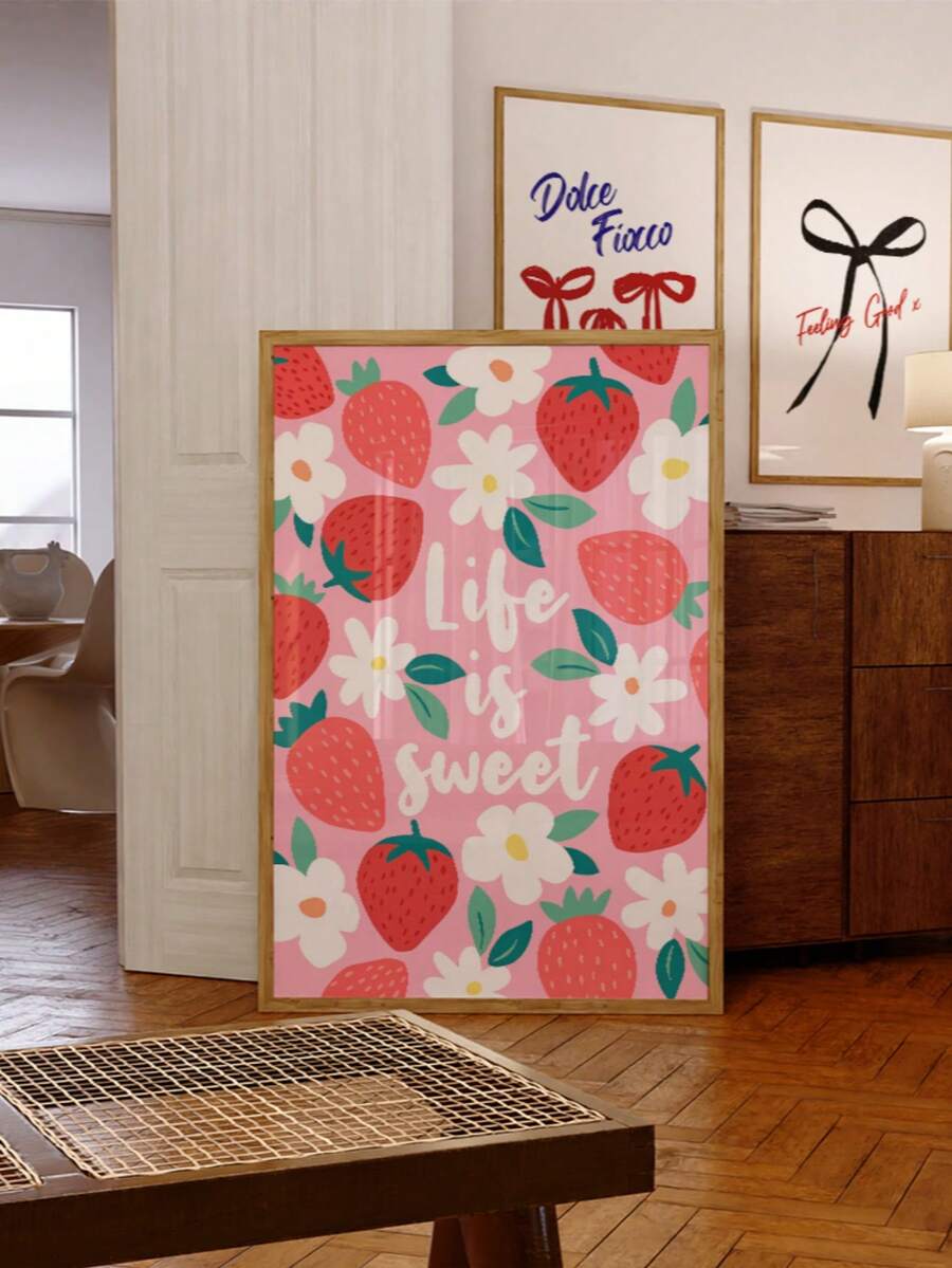 Bring warmth and charm to your space with this frameless vintage strawberry floral art print. Featuring a whimsical "Life Is Sweet" quote, it's the perfect accent for kitchens, bedrooms, and dorms. The canvas design combines geometric patterns with delicate fruit and floral elements in a modern style. Waterproof material ensures durability, while the unframed format gives you flexibility to display it your way. A delightful reminder that life's simple pleasures are the sweetest.