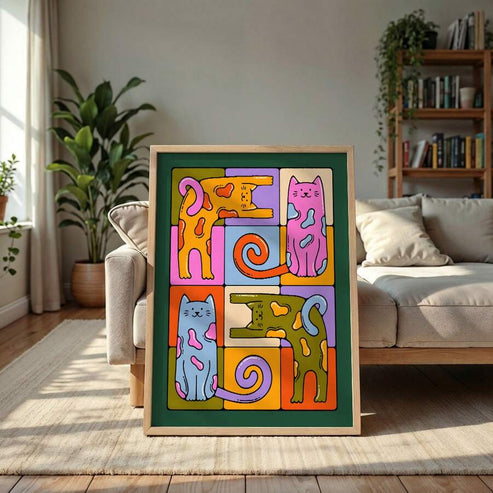 Colorful whimsical cat canvas print with mid century modern abstract style for playful home decor