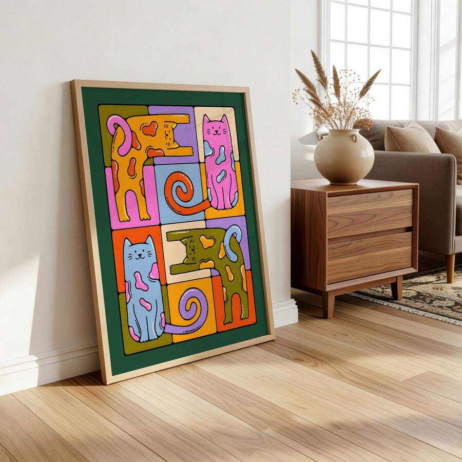 Colorful Whimsical Cat Canvas Print - Mid Century Modern Abstract Wall Art for Cat Lovers and Fun Home Decor