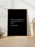 Black Edgar Allan Poe quote canvas in a light room mockup