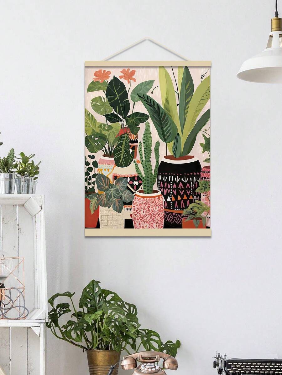 Botanical poster with monstera and cactus in wood hanger rail format