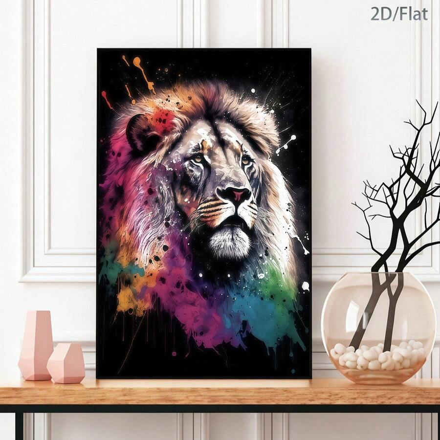 Bring bold, contemporary style to any room with this striking lion canvas art print. Featuring a vibrant animal design rendered in modern graphic style, this unframed hanging painting makes a powerful statement on your walls. Crafted on durable canvas with waterproof properties, it's perfect for living rooms, bedrooms, offices, or creative spaces. The scroll painting format allows for flexible display and easy installation. Transform your décor with this eye-catching piece that combines artistic flair with 
