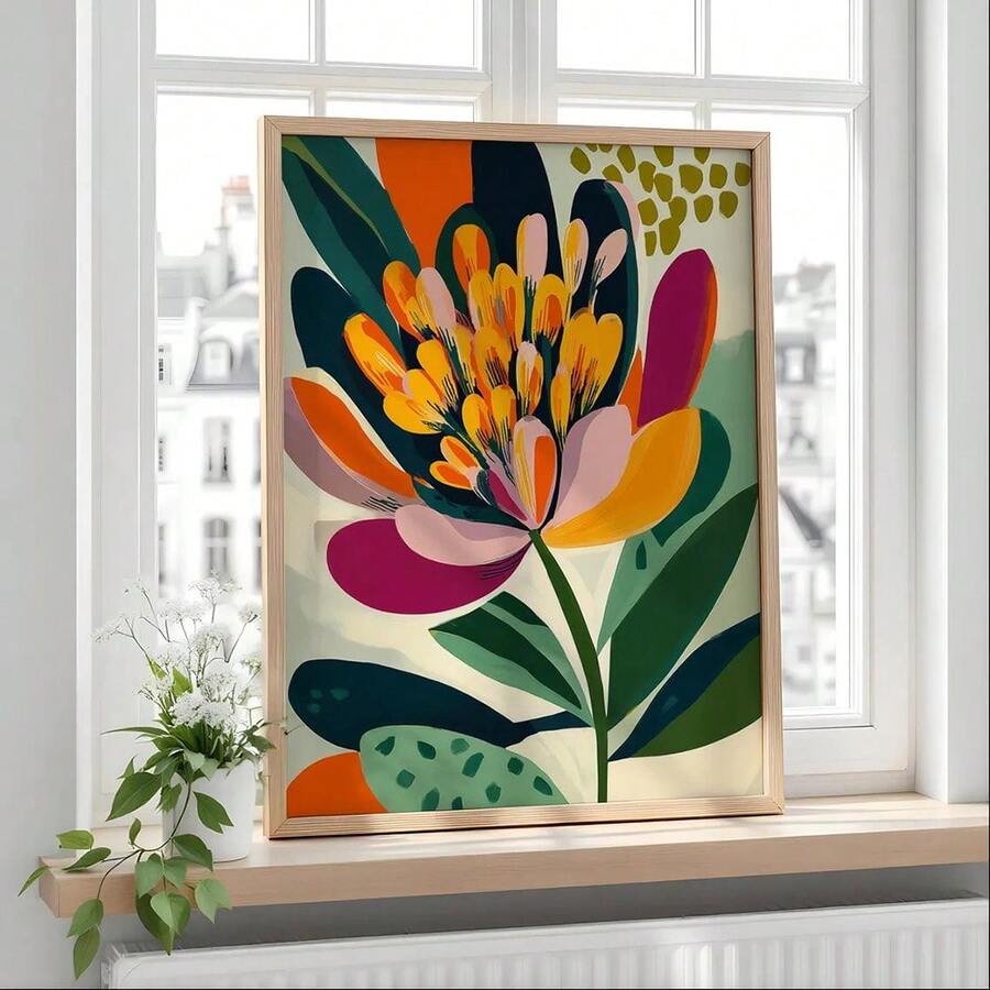 Colorful botanical poster in a light wood frame displayed on a bright window ledge