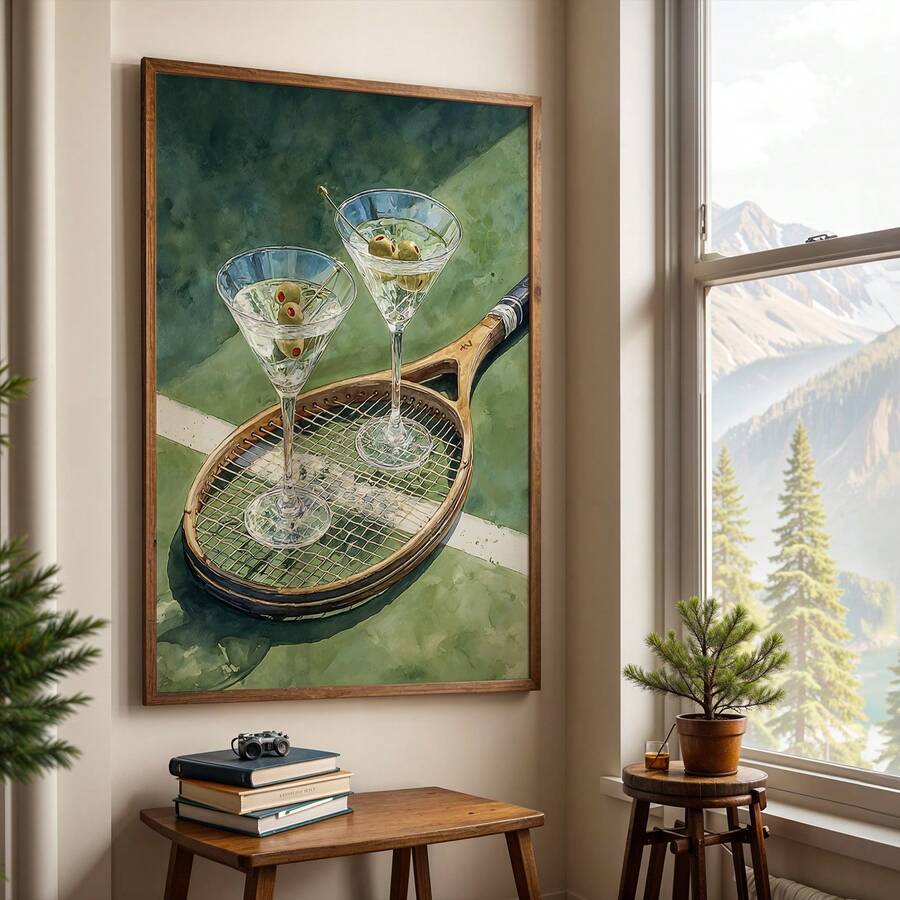 Vintage cocktail and tennis poster in a vertical wood frame for an entryway