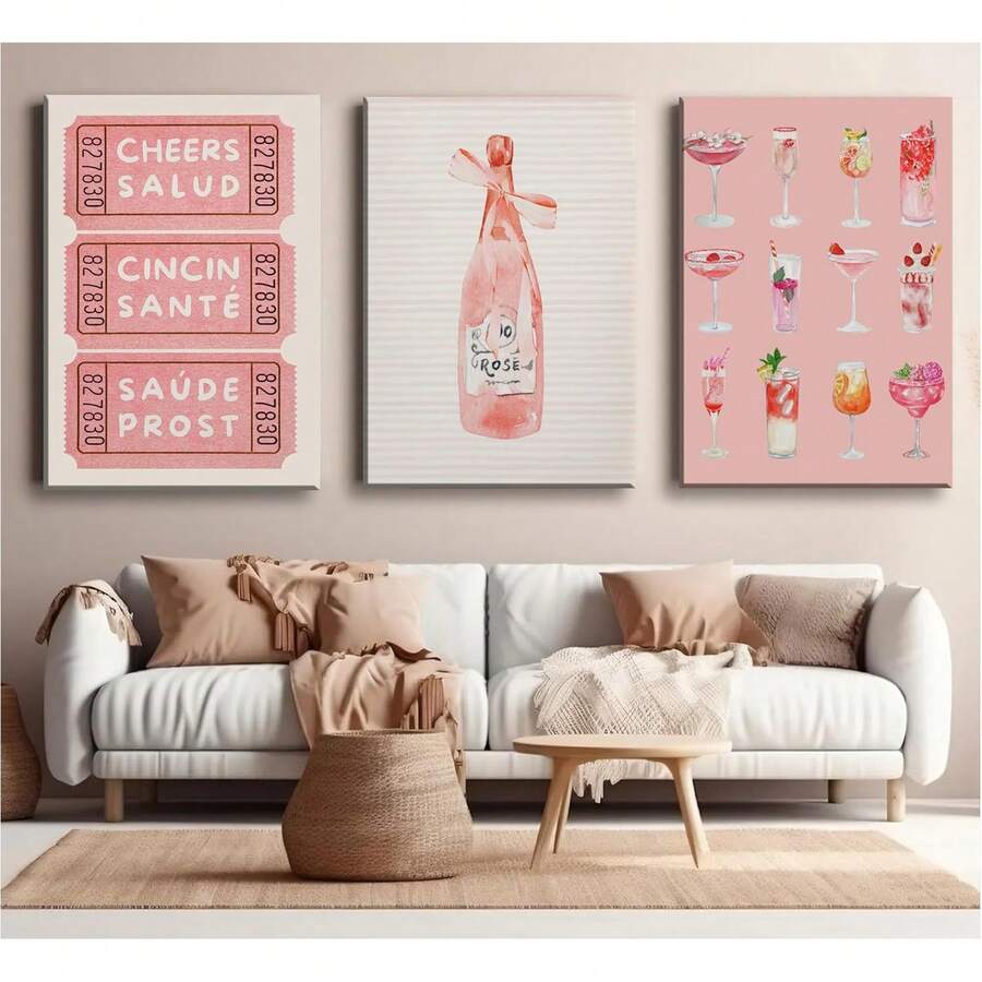 Cocktail and cheers triptych styled in a neutral living room