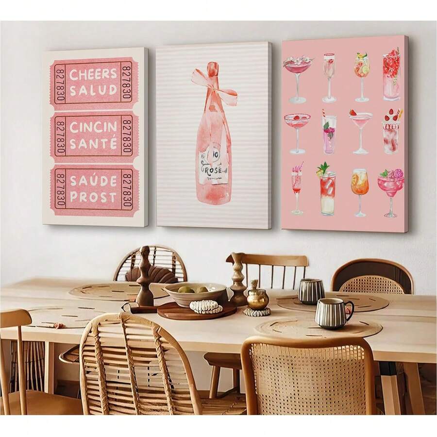 Three-piece watercolor bar poster set above a dining table