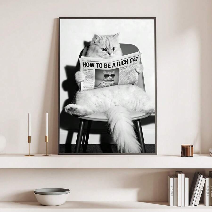 Bring humor and style to any room with this witty black and white cat canvas print. Featuring the cheeky message "How to Be a Rich Cat," this modern hanging painting combines playful typography with timeless feline charm. Perfect for cat lovers and anyone who appreciates clever home decor, the waterproof canvas ensures lasting quality and vibrant colors. Whether displayed in a bedroom, living room, or office, this piece adds personality and a touch of whimsy to your walls. A delightful gift for fellow cat e