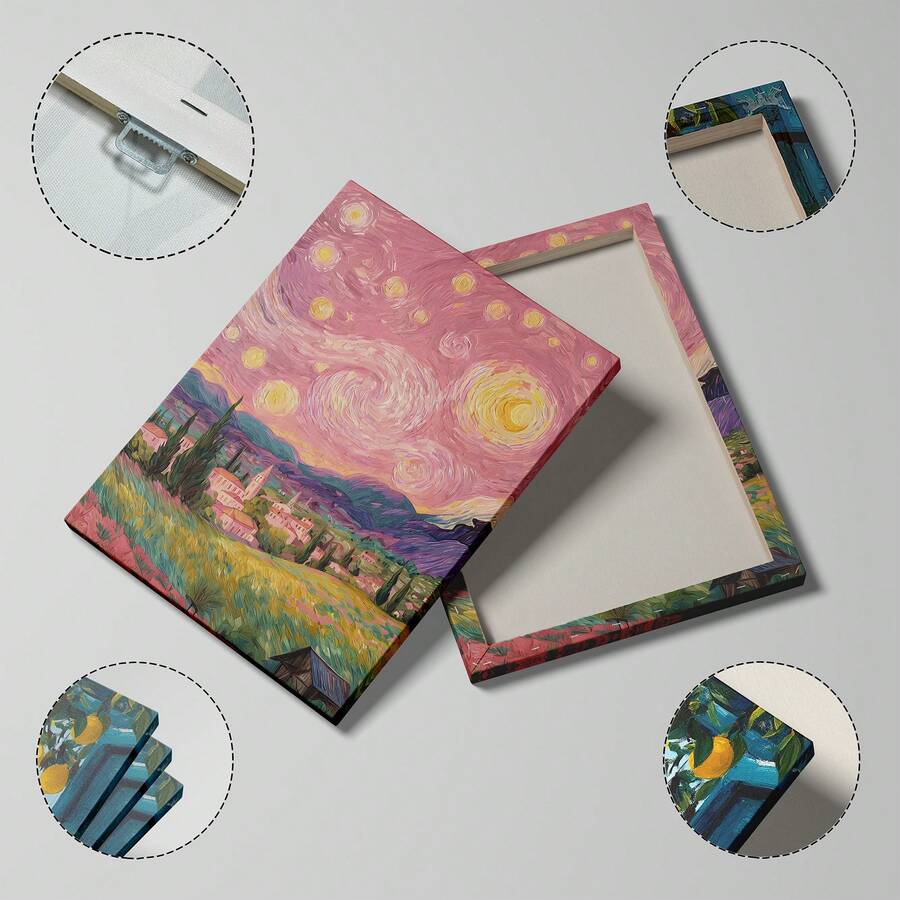 Front view of pink starry night sky canvas wall art with a pastel sunset landscape