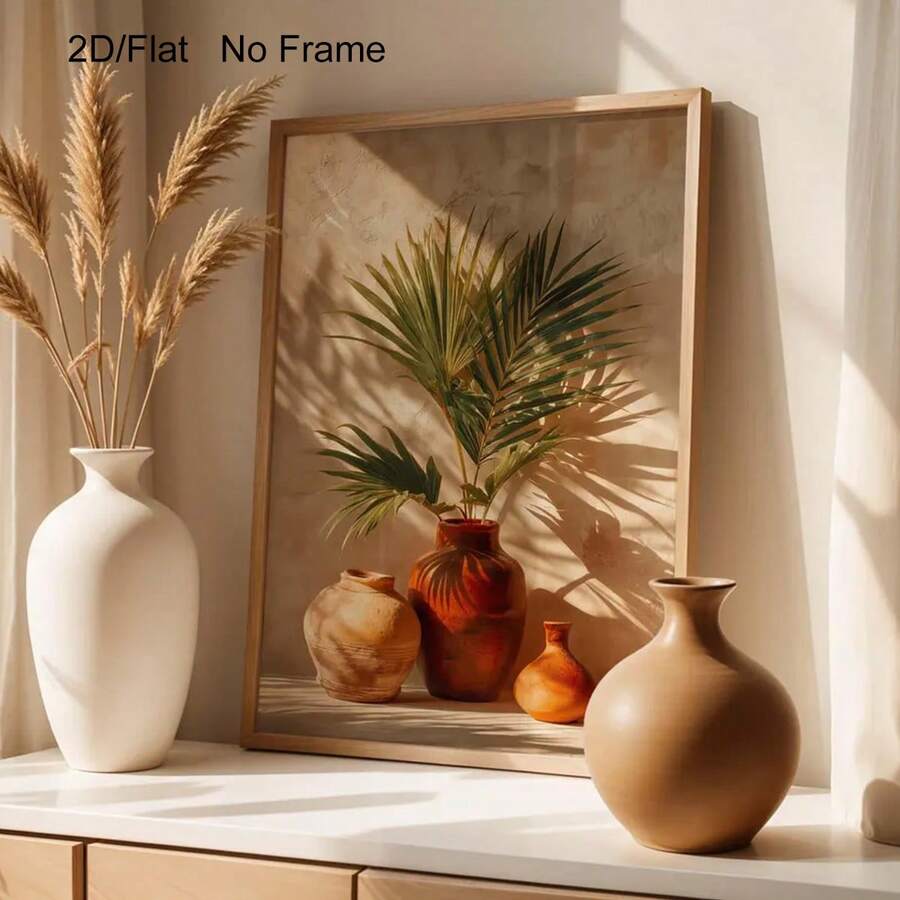 Bring Mediterranean charm into your home with this stunning rustic terracotta vases wall art. Featuring delicate palm leaf motifs, this boho coastal piece combines earthy tones and organic patterns to create a warm, inviting atmosphere. Perfect for dining rooms, bedrooms, or living spaces, the unframed canvas design offers versatility in styling and display.