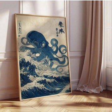 Vintage Japanese blue octopus and waves canvas poster in a light wood frame in an elegant room