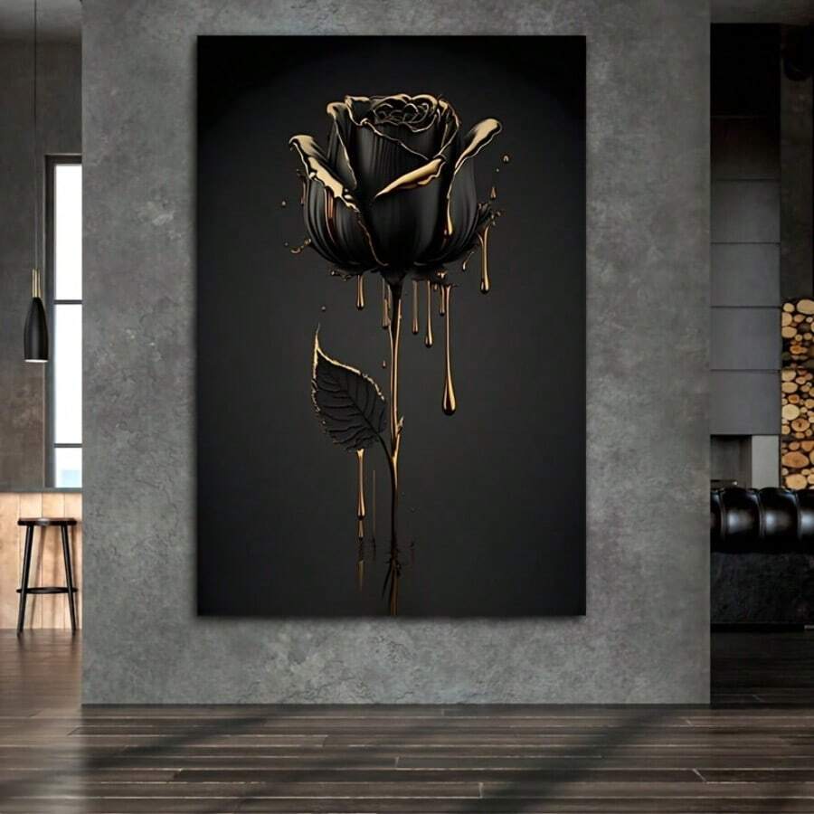 Elevate your space with this stunning black rose canvas art print, where delicate florals meet contemporary elegance. The dramatic black rose is accented with luxurious gold drip details, creating a sophisticated focal point for any modern home. Crafted on premium canvas with waterproof properties, this piece is versatile enough for dining rooms, bathrooms, or bedrooms. Available in both framed and unframed options to suit your décor style. The graphic design brings depth and artistic flair to walls, transf
