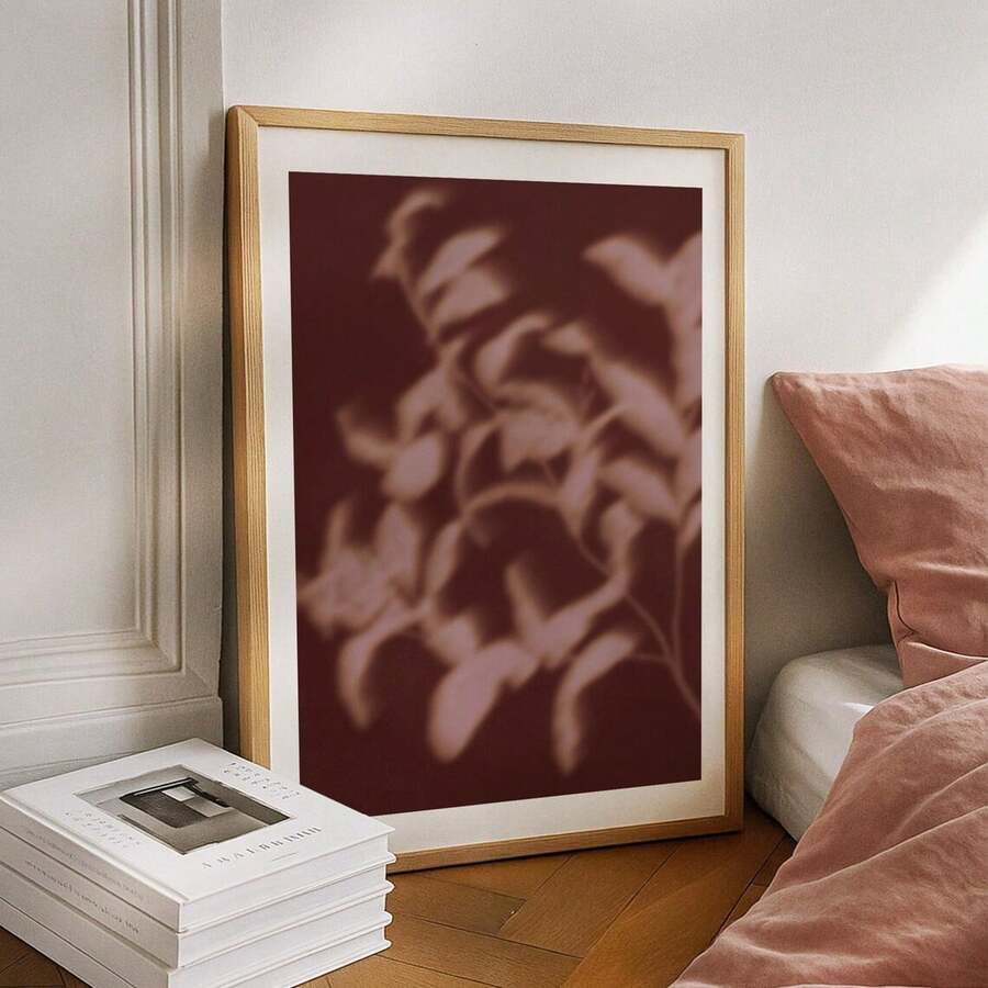 Retro abstract botanical leaf wall art in a wood frame for a bedroom
