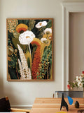 Botanical flower wall art hanging above dining table with modern decor