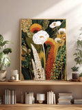 Colorful floral framed print styled with houseplants and books in living room