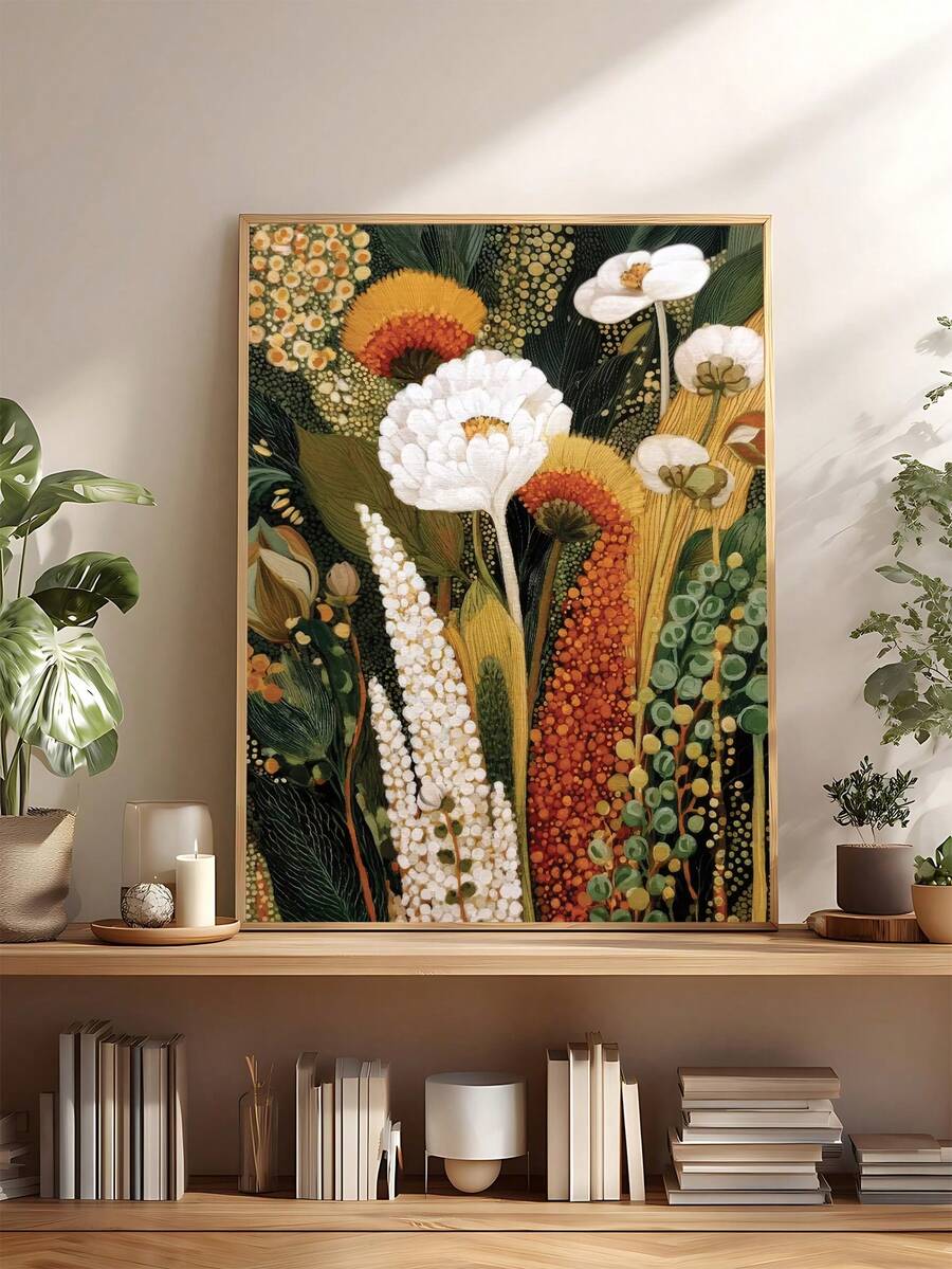 Colorful floral framed print styled with houseplants and books in living room