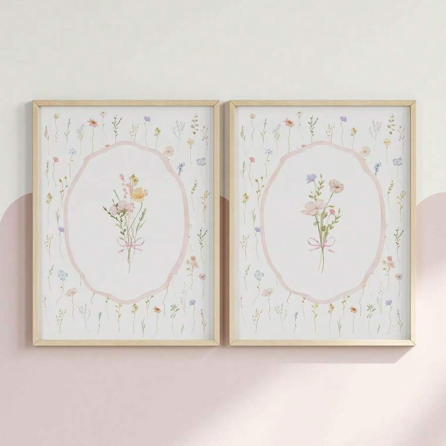 Bring botanical charm to your space with these delightful wildflower pink bow canvas posters. Perfect for boho nurseries and aesthetic home décor, each piece features a harmonious blend of animal, graphic, and plant patterns in a modern style.