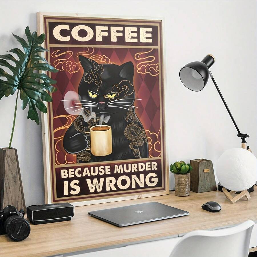 Bring cozy charm to your space with this delightful frameless black cat canvas poster. Perfect for cat lovers, this retro-inspired artwork features a playful feline design that complements any room—from your living room to kitchen. The waterproof canvas ensures durability and easy maintenance, making it ideal for high-moisture areas. Pair it with your favorite coffee mug for the ultimate cat-themed décor moment. Whether you're decorating a home office or adding personality to your walls, this unframed paint