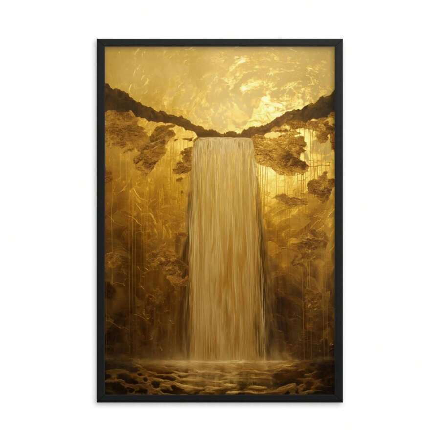 Elevate your space with this stunning golden waterfall canvas poster, where luxury meets contemporary design. Featuring a mesmerizing graphic pattern inspired by nature's flowing beauty, this modern artwork brings sophistication to any room. Crafted on premium canvas with waterproof properties, it resists moisture and maintains its vibrant metallic finish for years. The frameless design offers versatile styling—display it unframed for a minimalist aesthetic or add your own frame for a personalized touch. Pe