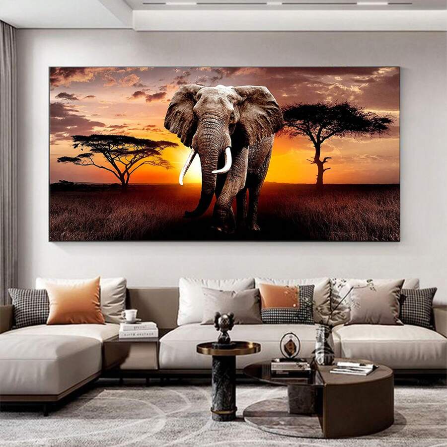 Bring the majesty of African wildlife into your space with this stunning frameless canvas poster. Featuring a modern realism depiction of an elephant silhouetted against a breathtaking sunset, this piece combines artistic elegance with contemporary design sensibilities. Crafted on premium canvas with waterproof properties, this unframed painting is perfect for home offices and living spaces seeking a bold focal point.