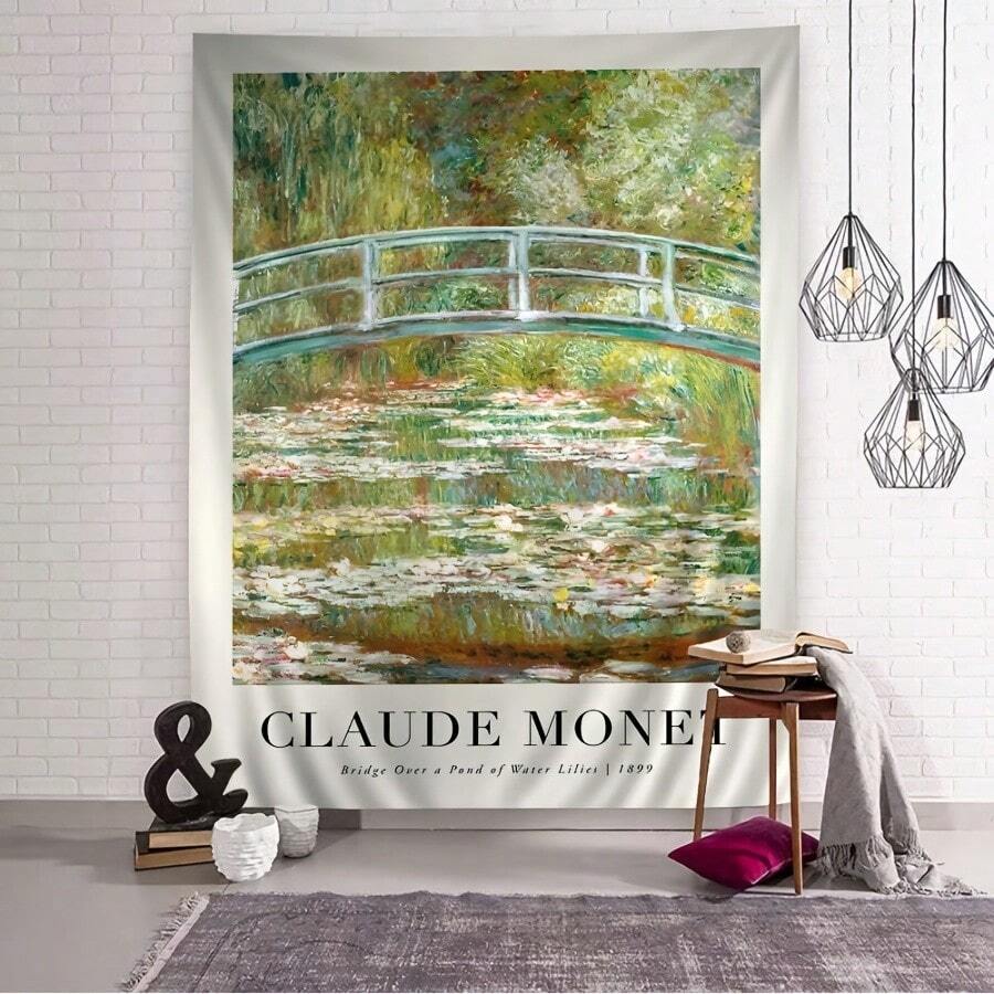 Claude Monet Water Lilies bridge tapestry on white brick wall