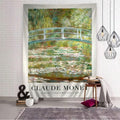 Claude Monet Water Lilies bridge tapestry on white brick wall