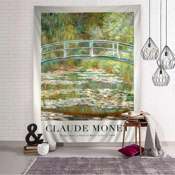 Claude Monet Water Lilies bridge tapestry on white brick wall