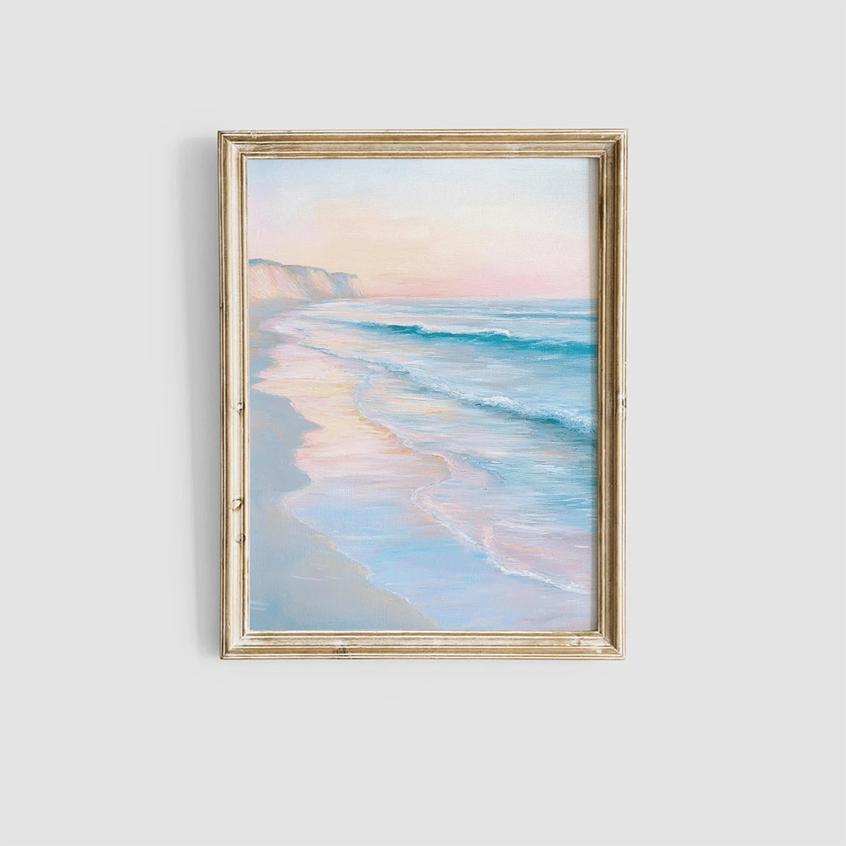 Pastel seascape gallery wall with six framed canvas posters