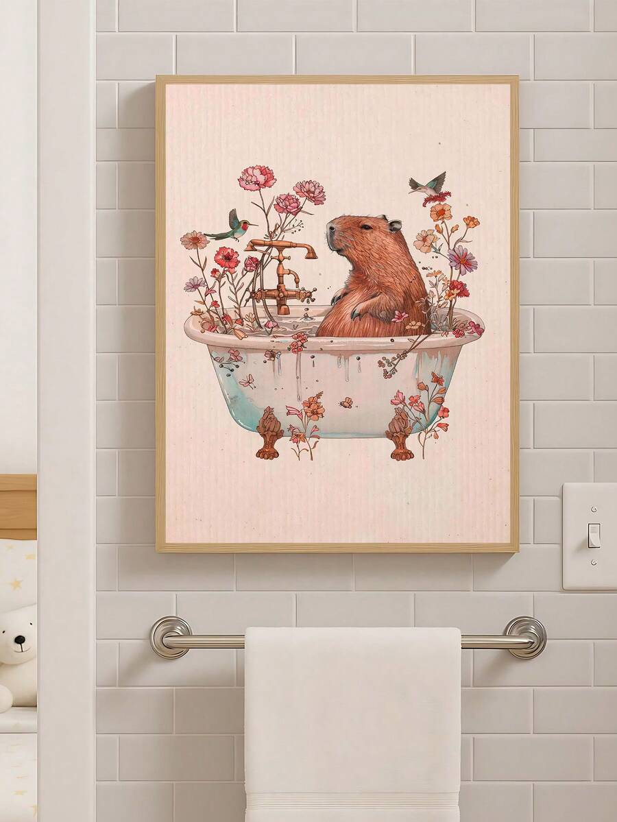 Capybara sitting in floral clawfoot bathtub canvas art