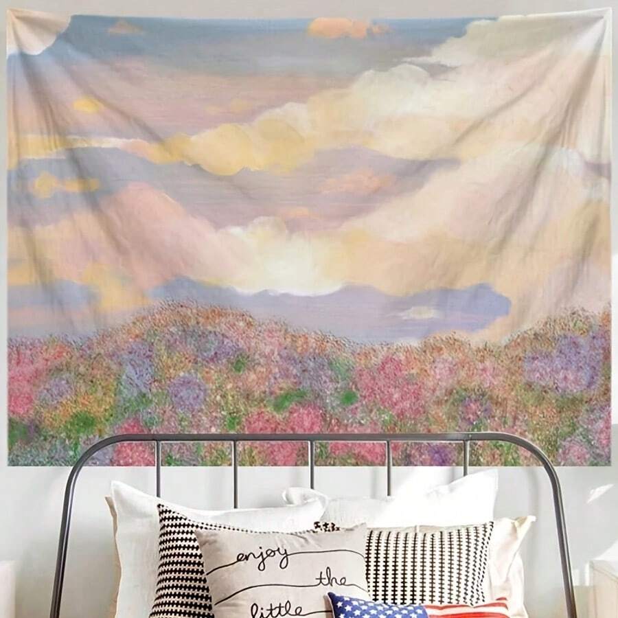 Pastel oil painting landscape tapestry with clouds and flower field above bed