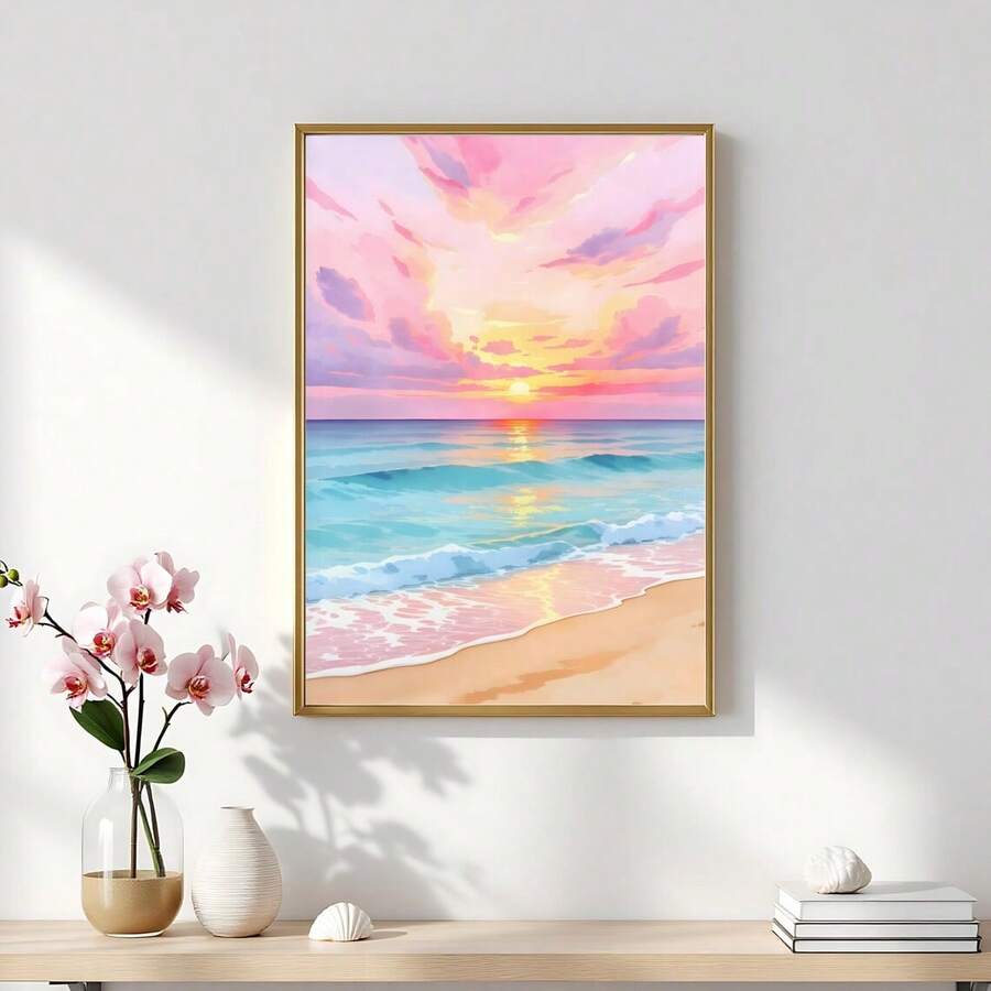 Front view of tropical sunset canvas art for boho beachside decor
