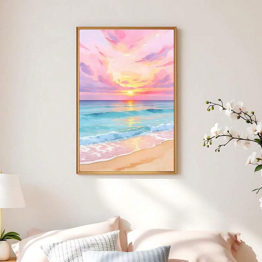 Front view of tropical sunset canvas art for boho beachside decor