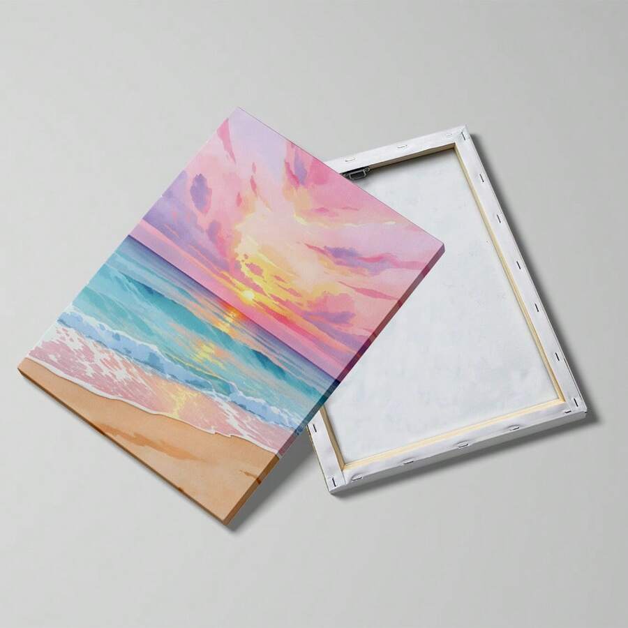 Beach sunset art mockup with pink turquoise waves and modern frame