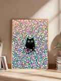 Large framed black cat in wildflowers print leaning on floor in sunny room