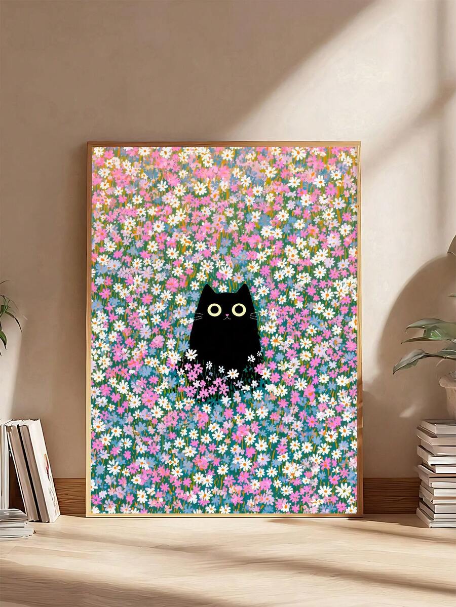 Large framed black cat in wildflowers print leaning on floor in sunny room