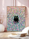 Framed floral black cat artwork displayed in soft pink bedroom setting