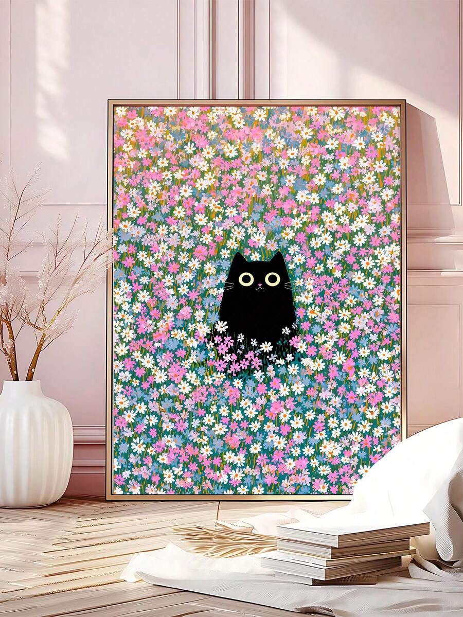 Framed floral black cat artwork displayed in soft pink bedroom setting