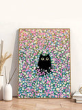 Framed black cat in colorful daisy field print leaning against white wall