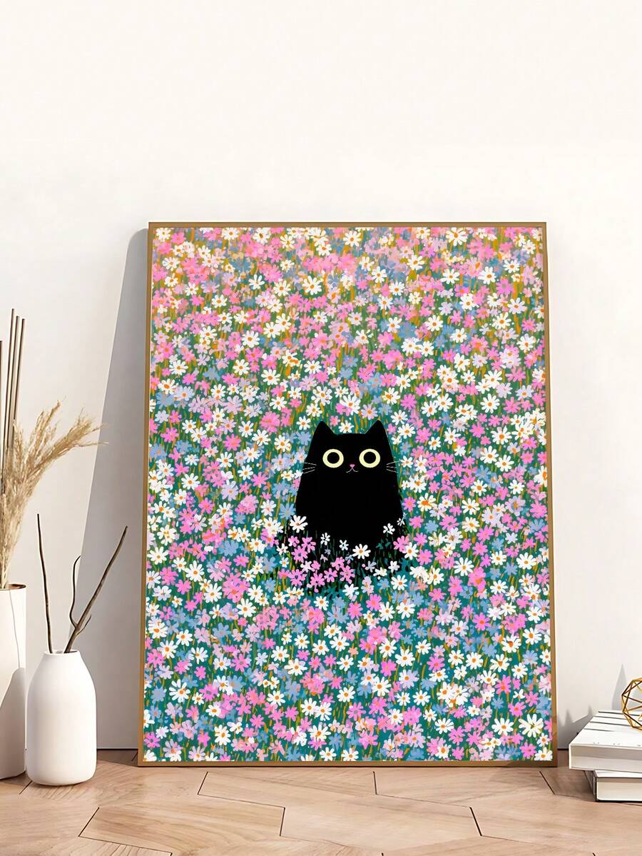 Framed black cat in colorful daisy field print leaning against white wall