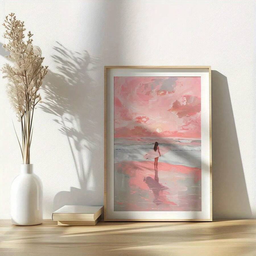 Bring coastal vibes to any space with this charming surfer girl wall art poster. Featuring a cute pink design with modern graphic elements, this canvas print captures the carefree spirit of beach culture.