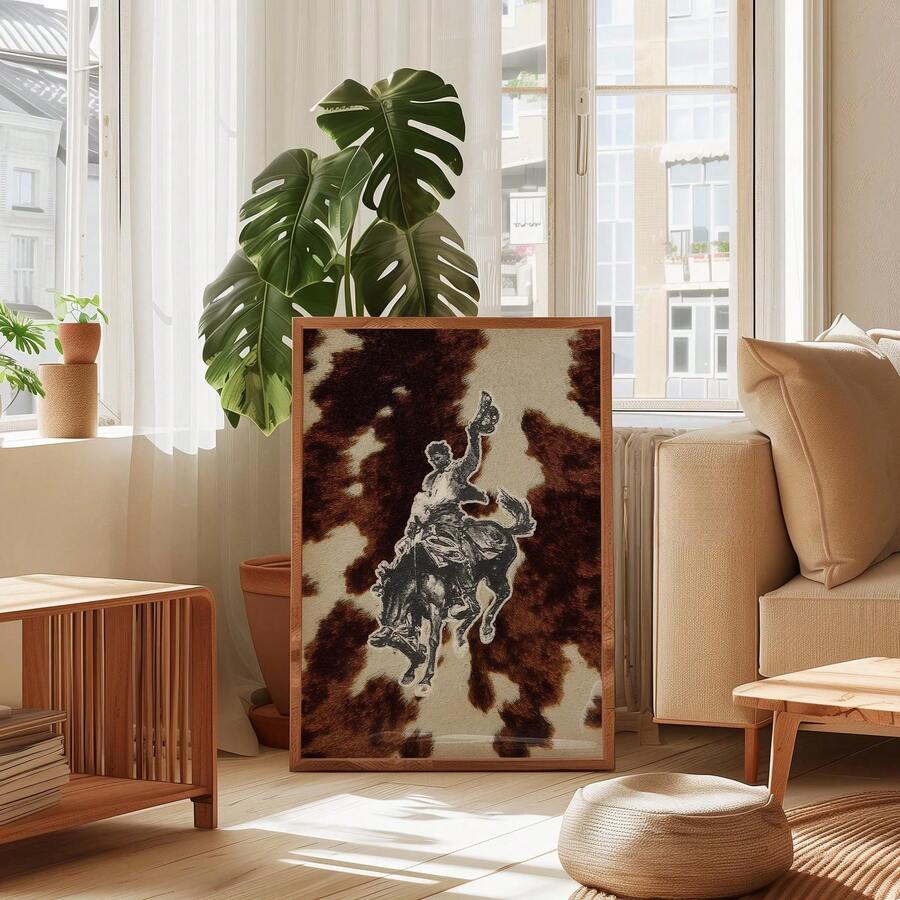 Bring authentic Western charm to your space with this striking vintage cowboy collage poster. Featuring a dynamic mix of retro rodeo imagery, classic figures, and rustic graphic elements, this unframed canvas art captures the spirit of the Old West. Crafted on durable, waterproof canvas, it's built to last in any room—from your dining area to bedroom or living space.