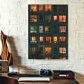 Cinematic amber-lit building facade poster framed for a living room