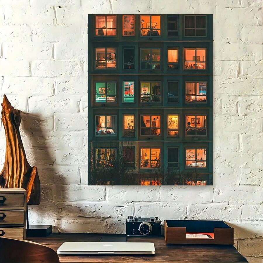 Cinematic amber-lit building facade poster framed for a living room