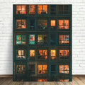 Teal urban night windows canvas print for a modern office or loft