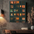 Glowing apartment windows cityscape wall art in a vertical frame