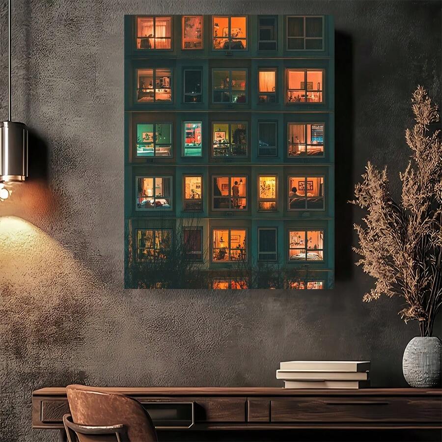 Glowing apartment windows cityscape wall art in a vertical frame