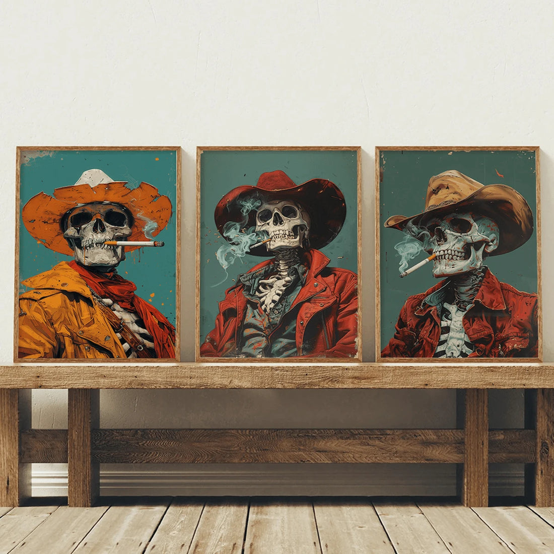 Transform your space with this striking vintage smoking skull canvas set. This three-piece wall art collection features bold, edgy designs perfect for adding character to any room. Each canvas showcases intricate skull imagery with a modern aesthetic that appeals to alternative and contemporary decor styles.&nbsp;