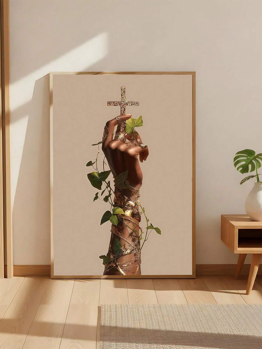 Botanical faith canvas print in a neutral room with potted plant