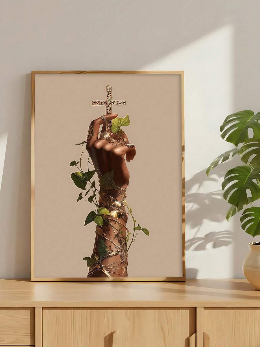 African American Christian artwork displayed on a modern sideboard