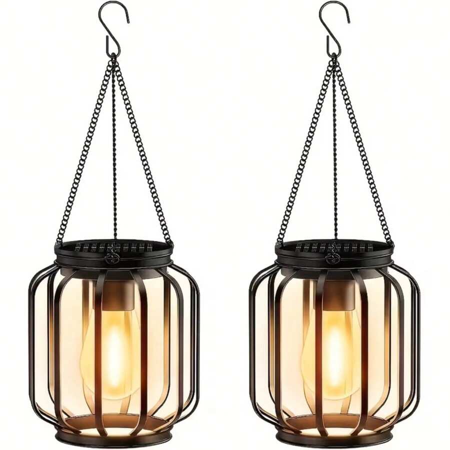 Pack image showing two waterproof solar hanging pendant lights for outdoor decor.
