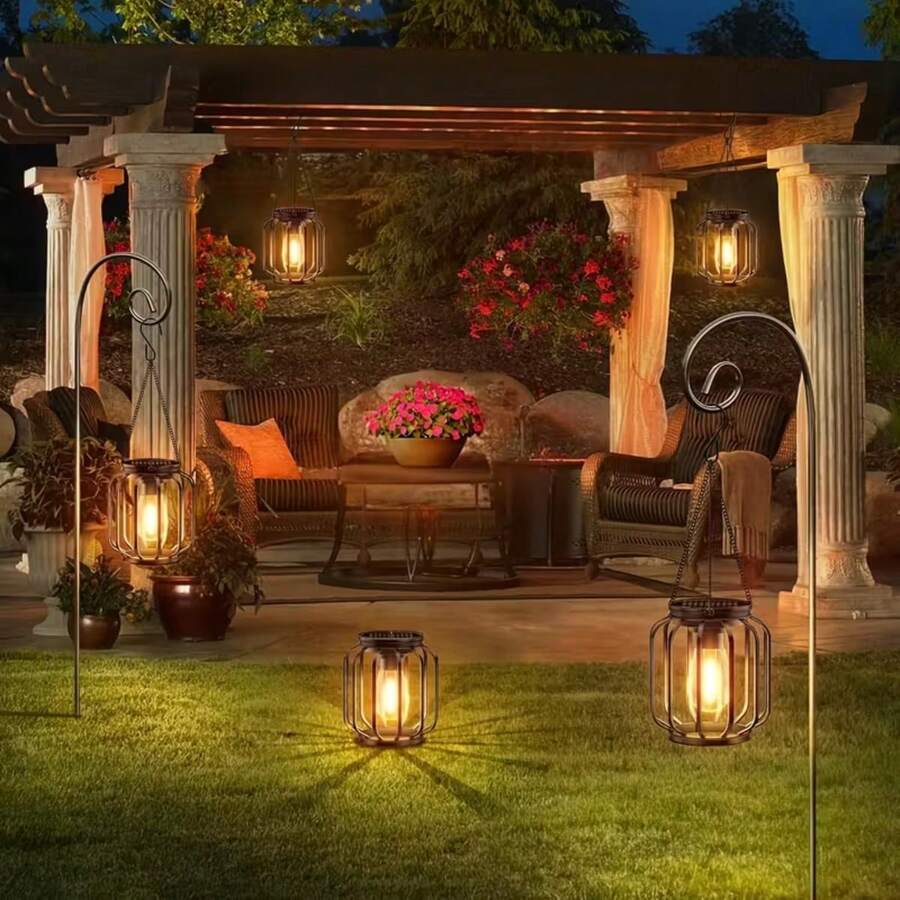 Solar pendant lantern charging by day and glowing at night in garden scene.